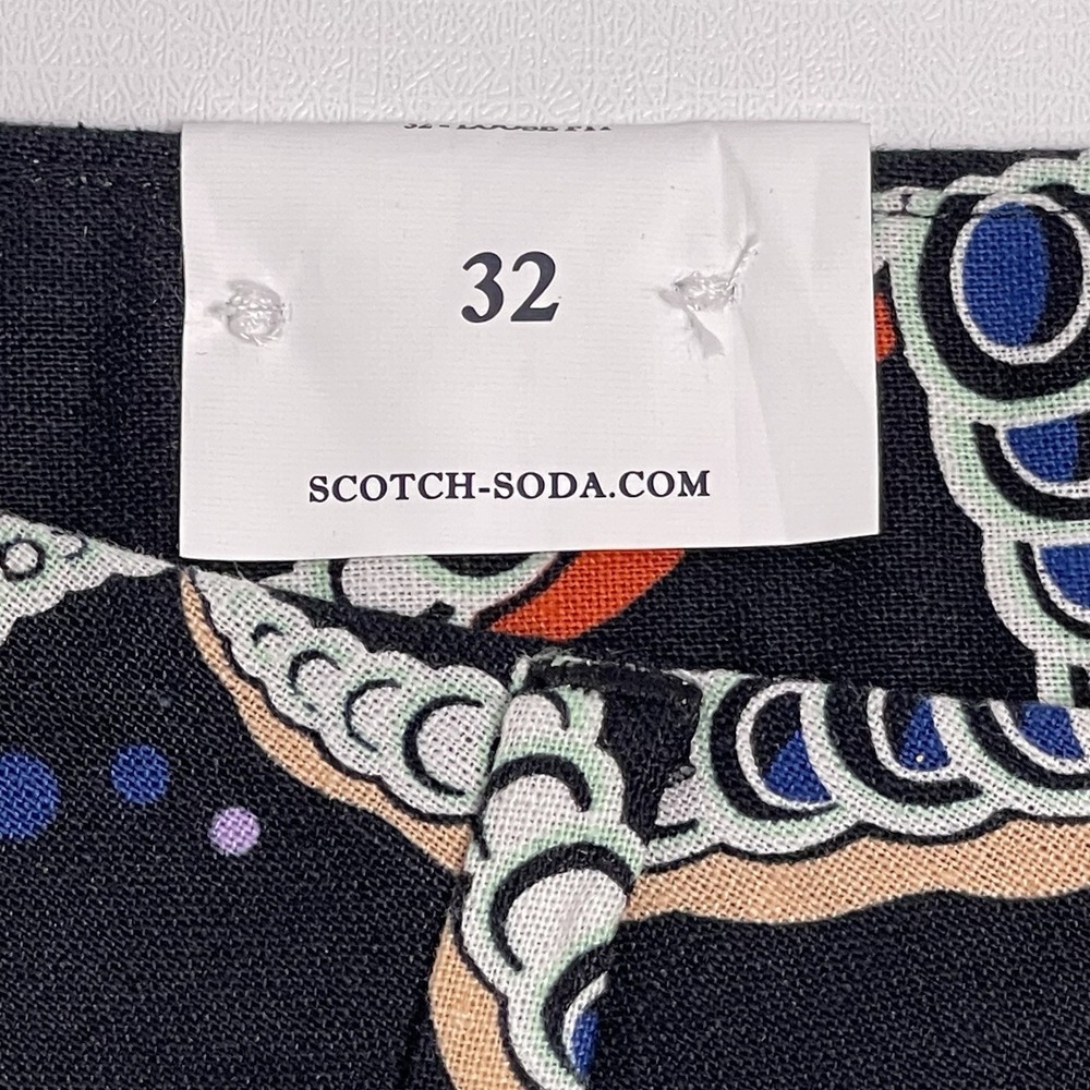 Scotch & Soda Mens 32 Black Blue Starfish AOP Linen Blend Chino Shorts Loose NEW - Picture 6 of 14